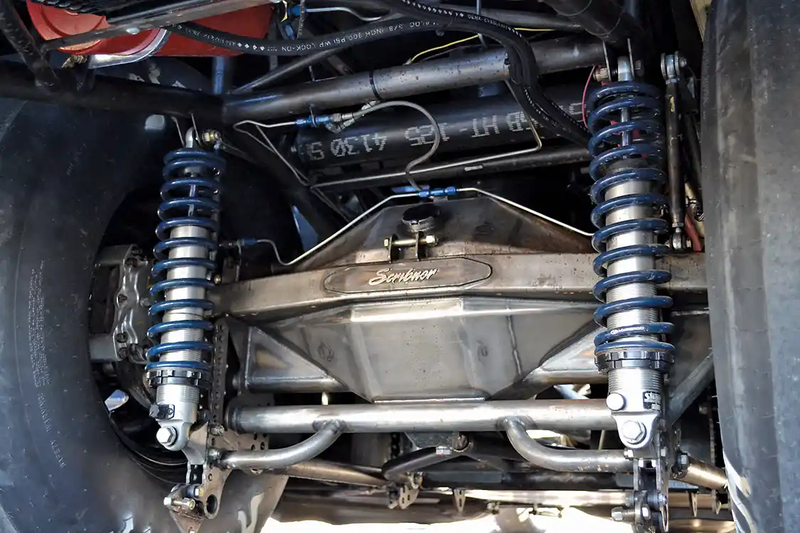 Traditional diesel rear ends are strong but heavy. This fabricated, back-braced housing built by <a href="https://www.facebook.com/Scribnersdiesel/">Scribner</a> is both strong and light. The rear end also has a diesel-specific 2.91 gears to keep the big engine in its power band.