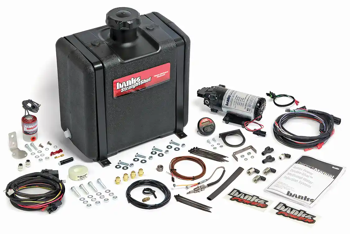 1. The Banks Double Shot Water Methanol system can be used to maximize engine performance by cooling the intake air temperatures, resulting in a denser air charge. The included digital controller, high volume pump and large 7-gallon reservoir install in just a couple hours and can be setup with multiple different injection nozzle sizes and injection calibrations to fine tune the system for any application, be it for power, EGT control or fuel mileage.
