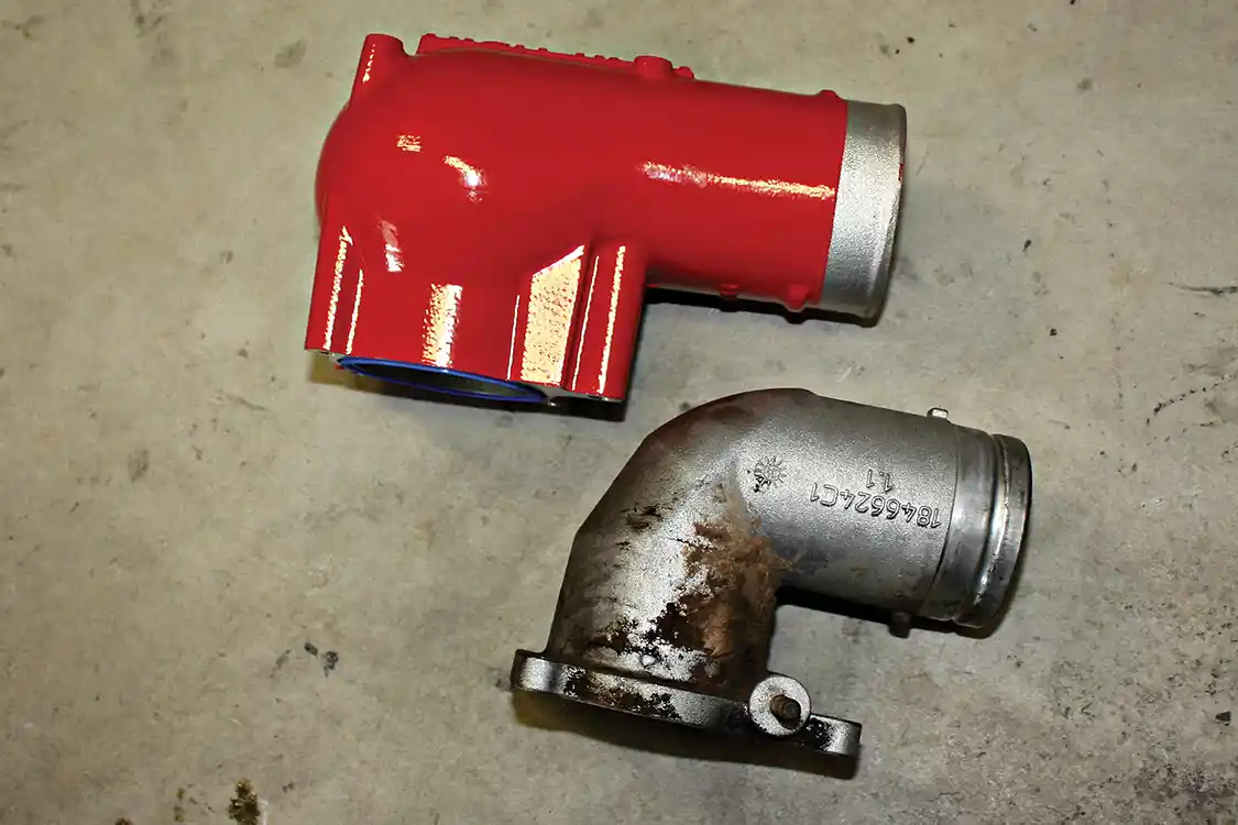 10. The much improved High Ram intake elbow from Banks can reduce pressure drop within the charge air system by as much as 64%; best of all, it’s a super easy install that works in conjunction with the high-flow piping kit and larger Technicooler to offer the best air density possible for the 6.0L Power Stroke.