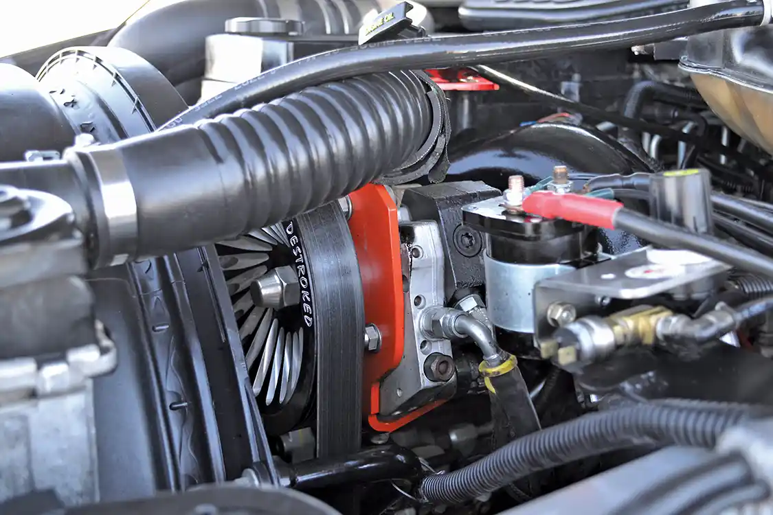 More than 1,200 hp worth of fuel is on tap thanks to a twin CP3 kit from <a href="https://www.atsdiesel.com/ats2/">ATS</a>, with a custom pulley from Destroked. The very large 300-hp injectors from Industrial Injection are kept in check with a Zeus ECM, which allows a perfect match between the fuel and air curves of the engine.
