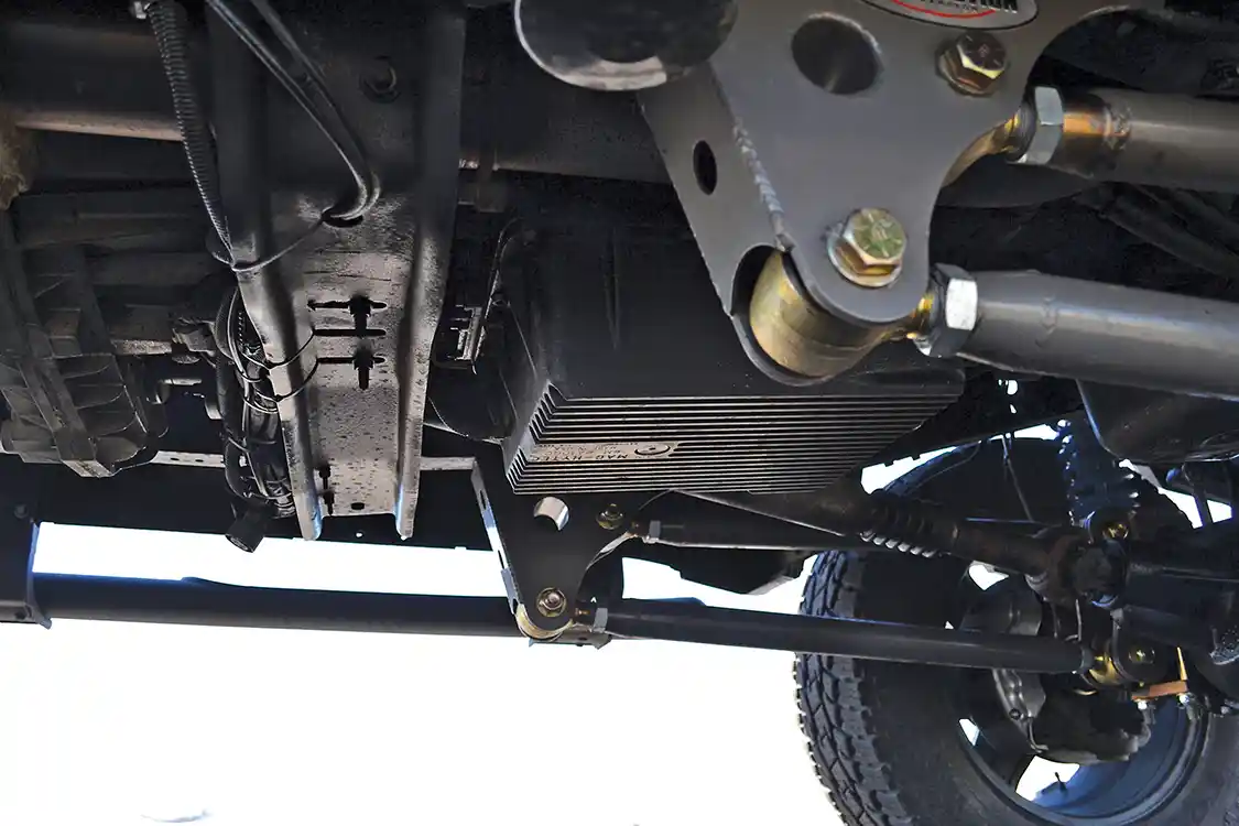 The Allison 1000 transmission that handles the 6.7L's estimated 1,800 lb-ft of torque was built by Scott Countryman at Destroked and adapted to the Cummins engine with one of the company's adapters. The rest of the Ford's driveline remains unchanged, thanks to an adapter to the factory 273 transfer case.