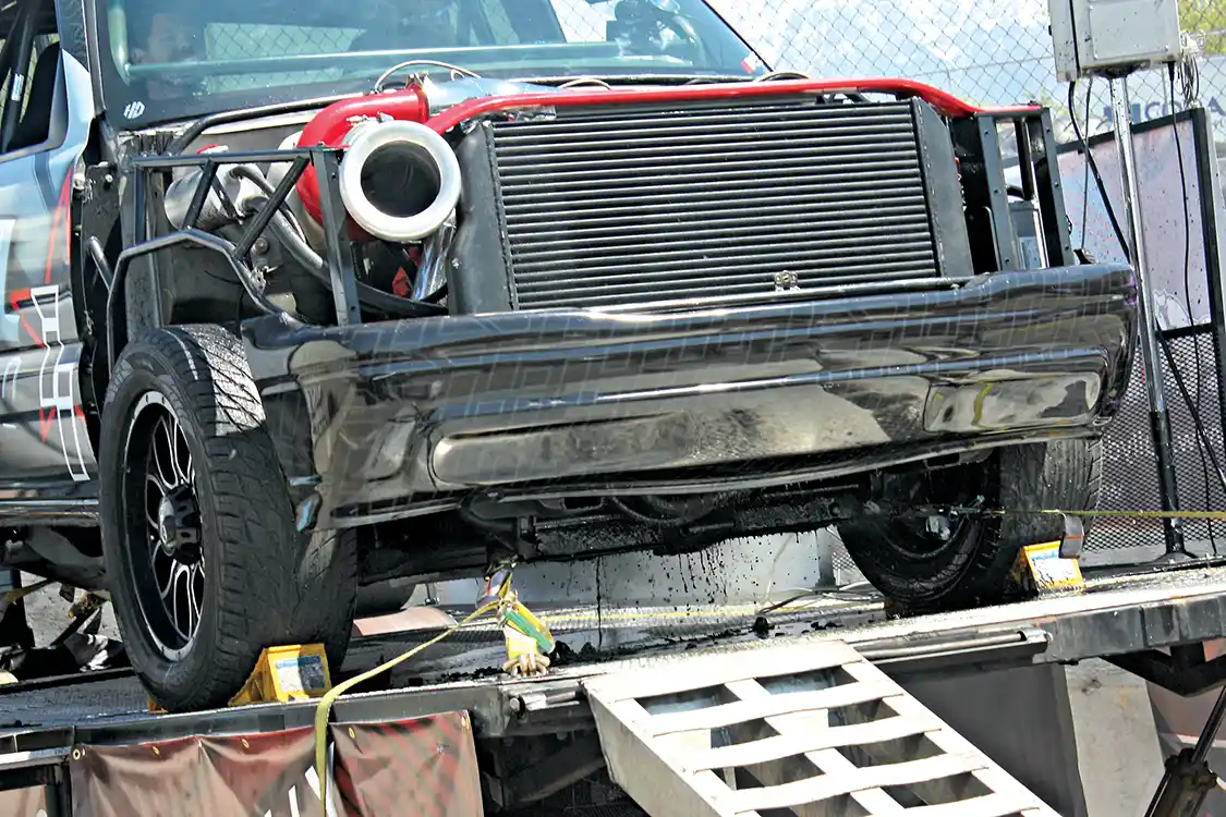 After dozens of 1500+ horsepower runs on the dyno, multiple 9-second passes at the track, and who knows how much nitrous, the billet connecting rods came apart, which led to a windowed engine block and the massive evacuation of the engines oil and coolant all over the dyno.