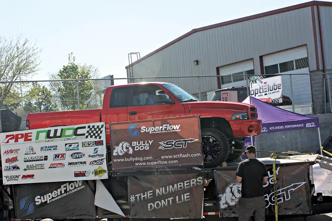 Competitors and spectators couldn’t have asked for better weather for a little Saturday diesel-junky get together in April. With temperatures in the high 70s, over 40 trucks were able to get on the dyno and flex their muscle. Joey Leeper’s clean 2002 24V stock turbo Cummins put down a respectable 378 hp.