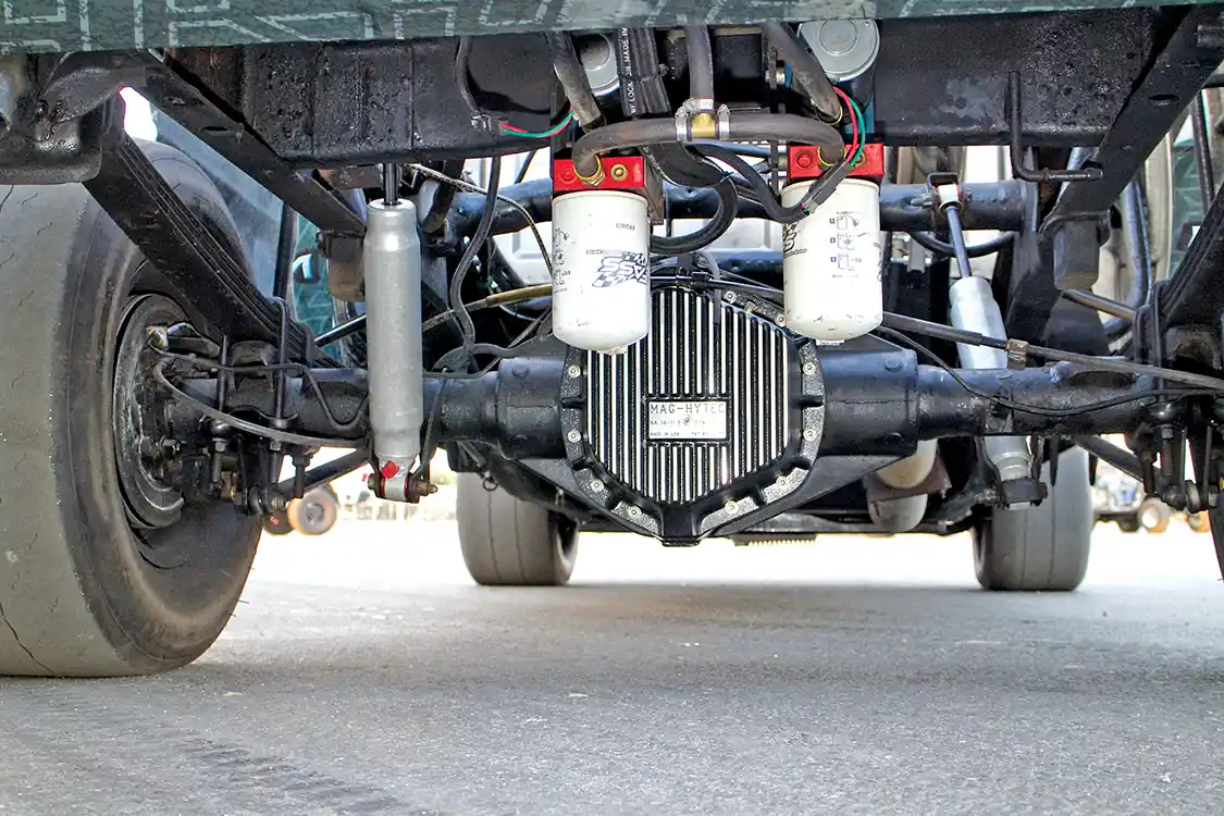 The stock rear end is retained, but a <a href="https://www.yukongear.com/">Grizzly</a> locker was installed, and a <a href="https://mag-hytec.com/">Mag-Hytec</a> cover allows for more oil and better cooling. A pair of <a href="https://fassride.com/">FASS</a> 260 gmp pumps feed the fuel to the triple CP3 pumps that feed the engine.