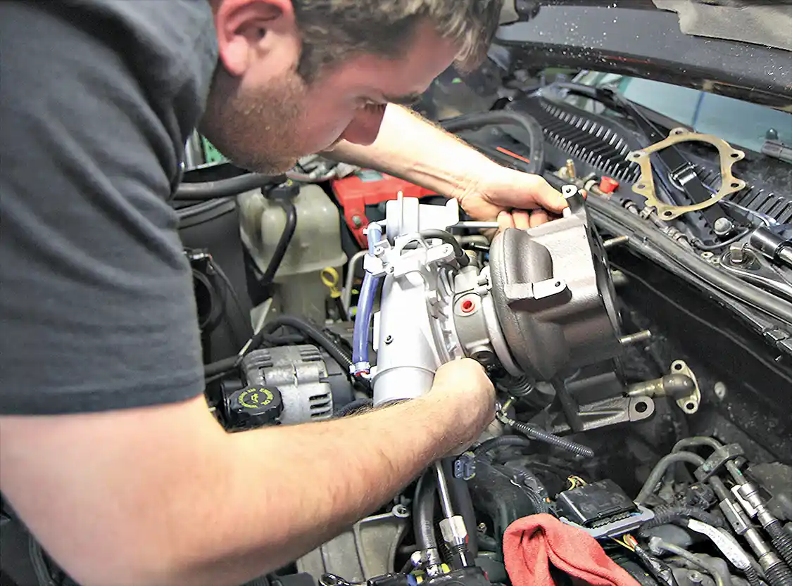 9. While doing a turbocharger swap on LB7 trucks isn’t a job for the faint of heart, due to its design being based off the stock turbo, the Stealth will drop right in place of the stock unit. Depending on the condition of the truck, this job can take anywhere from 4 to 8 hours. The exhaust downpipe and manifold up-pipe bolts that thread into the back of the turbine housing can be a bit stubborn and will take some patience to break loose and remove.
