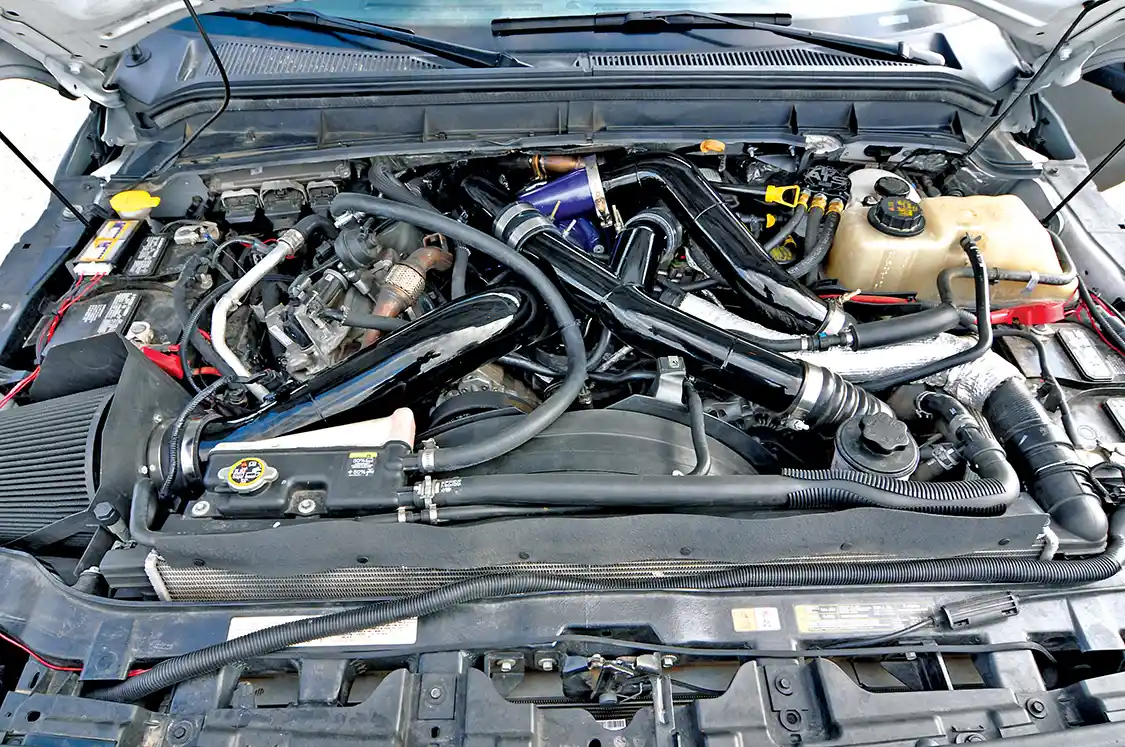 Under the hood rests a decently modified 6.7L <a href="https://www.powerstrokediesel.com/">Power Stroke</a>. An ATS 5000 non VA turbo kit (which has since been swapped out to one from H&amp;S Motorsports) 30% over injectors from Dynamic Diesel Products, and a tune from H&amp;S Motorsports (with the help from <a href="https://www.ppei.com/">PPEI</a>) netted the Ford an impressive 800 hp.