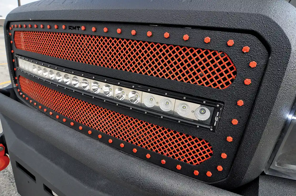 Race Mesh Truck grille with a 40-inch <a href="https://dieselpowergear.com/">Diesel Power</a> Gear LED Bar.