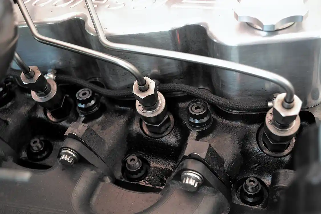 Massive injectors are needed to support 2,500 horsepower, and again, Scheid Diesel got the call. Compared to stock units, the triple-feed 5x30 injectors are a whopping 1,100 percent larger than factory sticks.