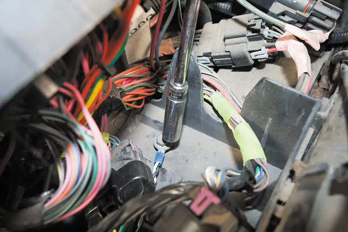 8. Next, you’ll want to install the Banks grounding ring connector to this ground bolt below the fuse box.
