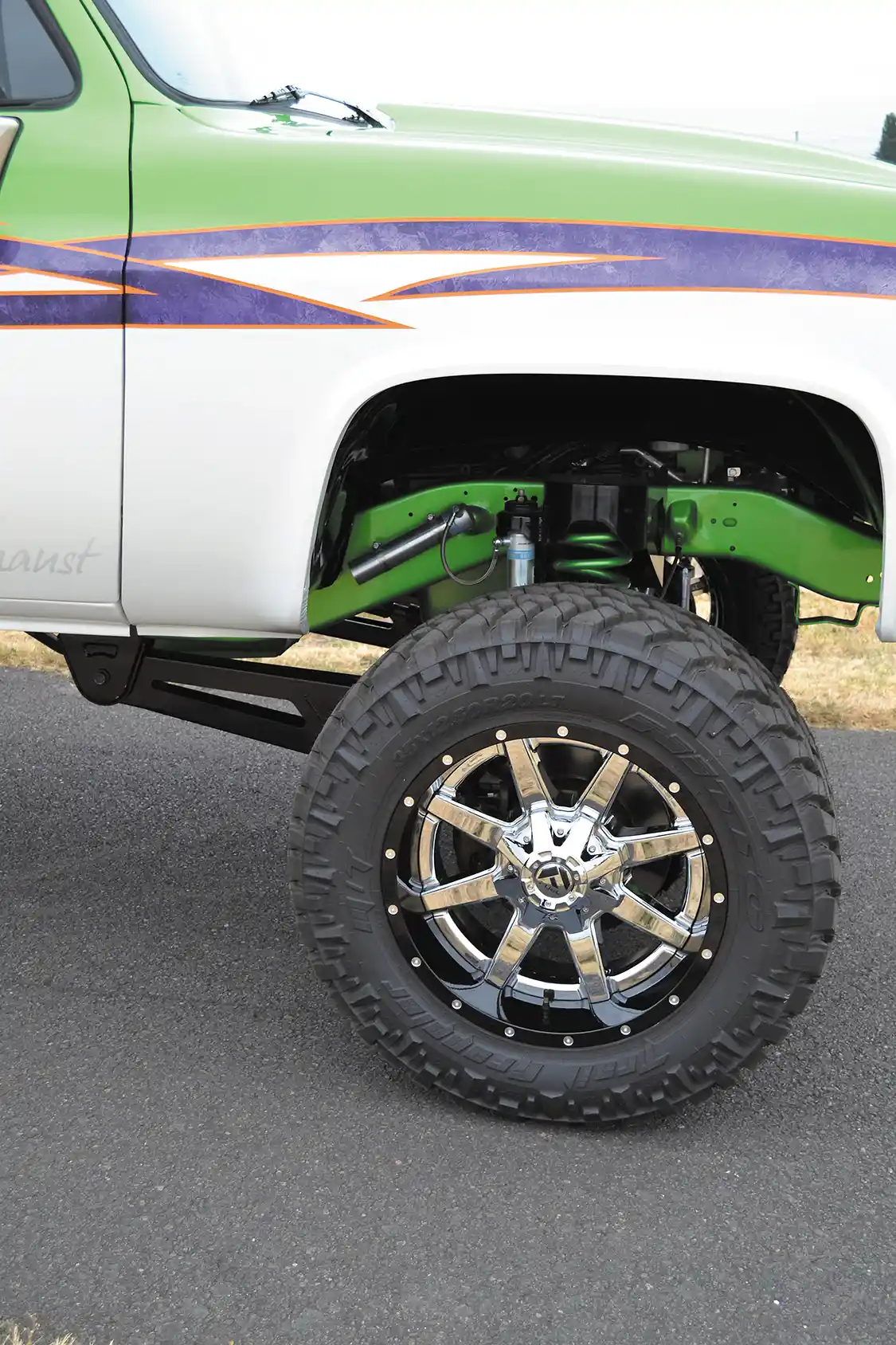 One of the coolest aspects of Bennett's C30 conversion truck is the radius arm front suspension, which Bennett designed himself. Using custom coil buckets and radius arms, an '05 Super Duty front axle was mounted underneath the Chevy, taking it from two-wheel drive to four-wheel drive.