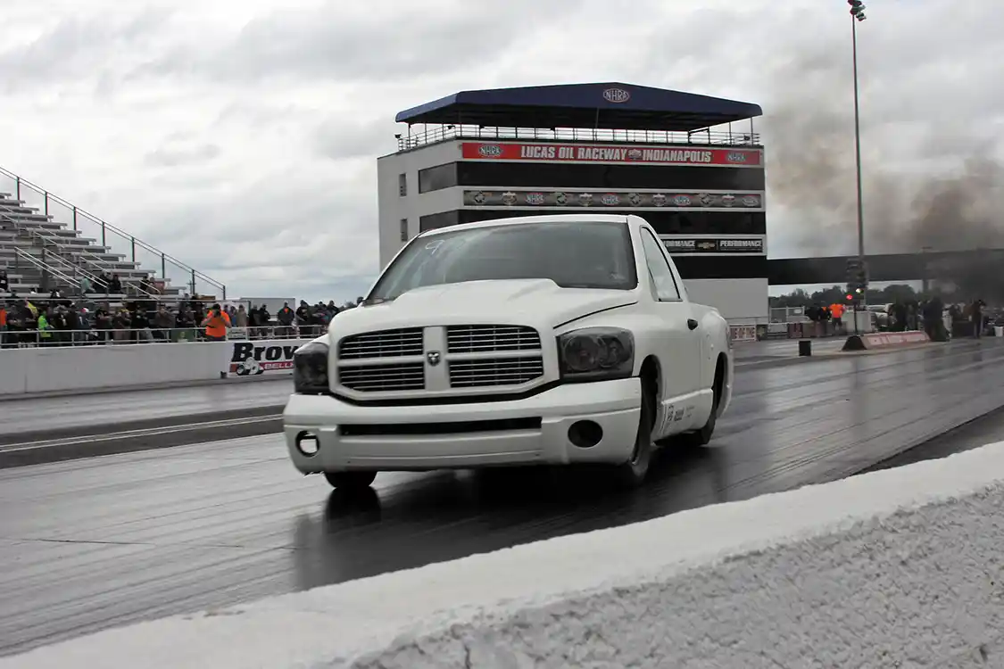 Jade Tobin got an up close and personal view of Ben Shadday’s new 2WD Pro Street drag truck as he got loose and aimed for the wall. Fortunately, he gathered it back up and made it down the track without contact!
