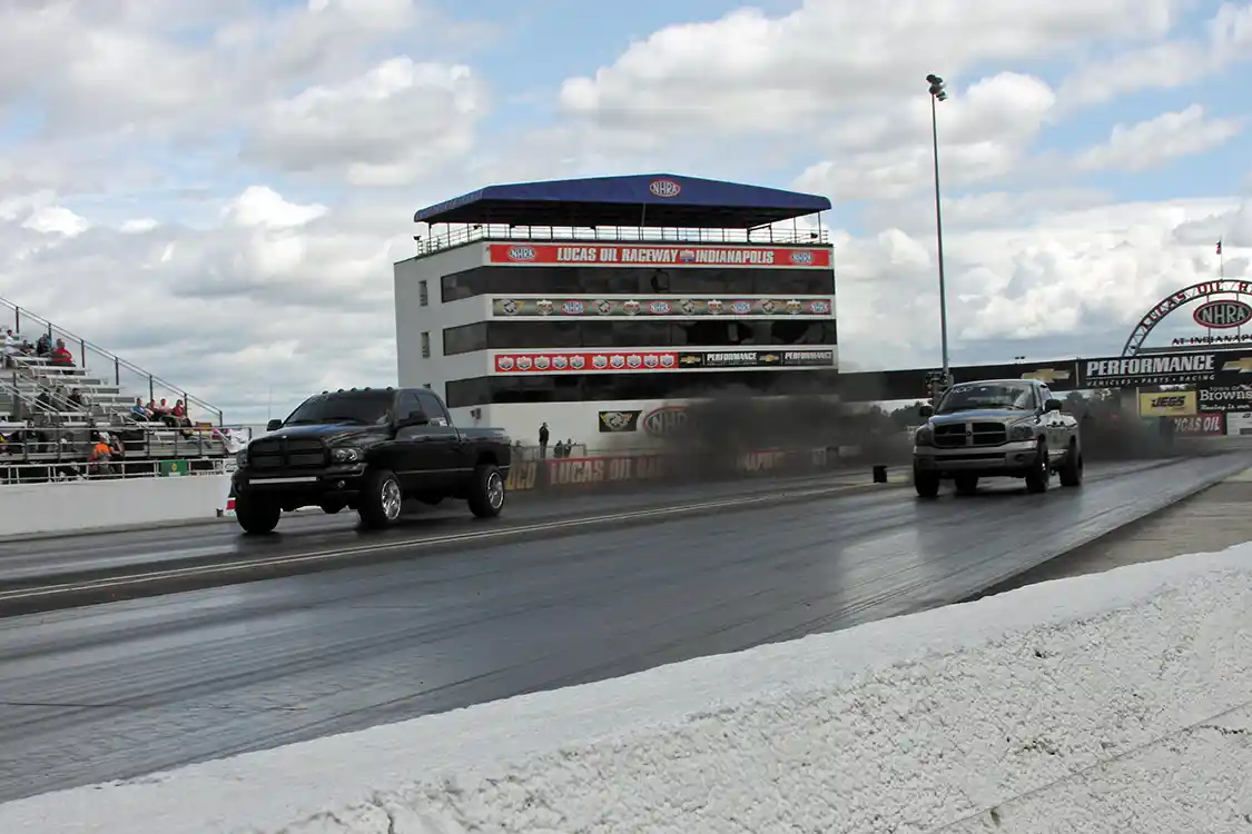 Blake Miller (far lane) ran a 12.034 in the final round of the 12.0 Index Class to take the win over Dillon Carter who broke out with an 11.850 in the Dex Brown tribute truck.