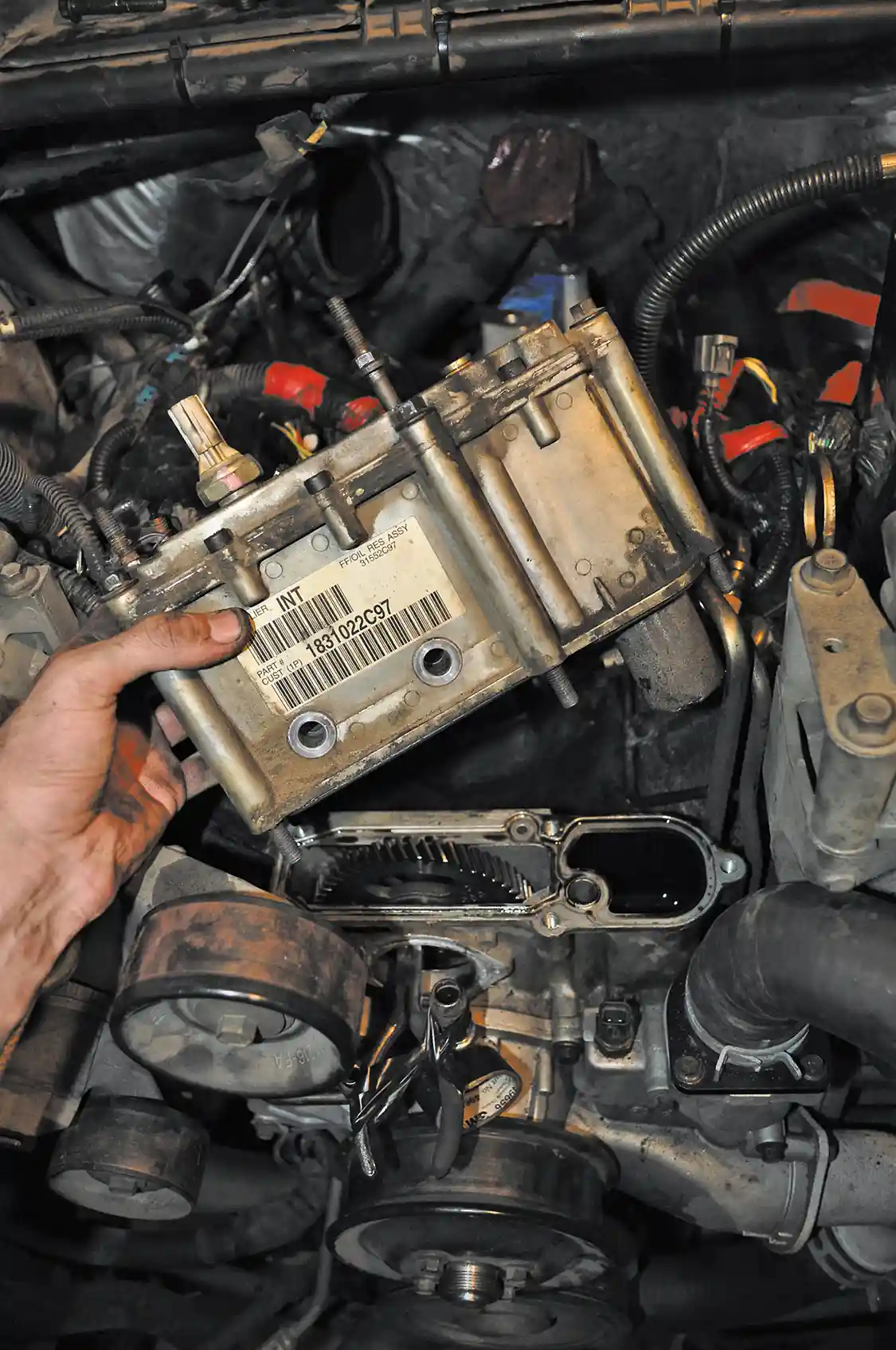9/10. This is the HPOP oil reservoir (top). Between it and the front cover is a screen filter (here) which stops any large contaminants from entering the HPOP, and later the injectors. DieselSite includes a new filter with the Adrenaline, so of course, we replaced ours.