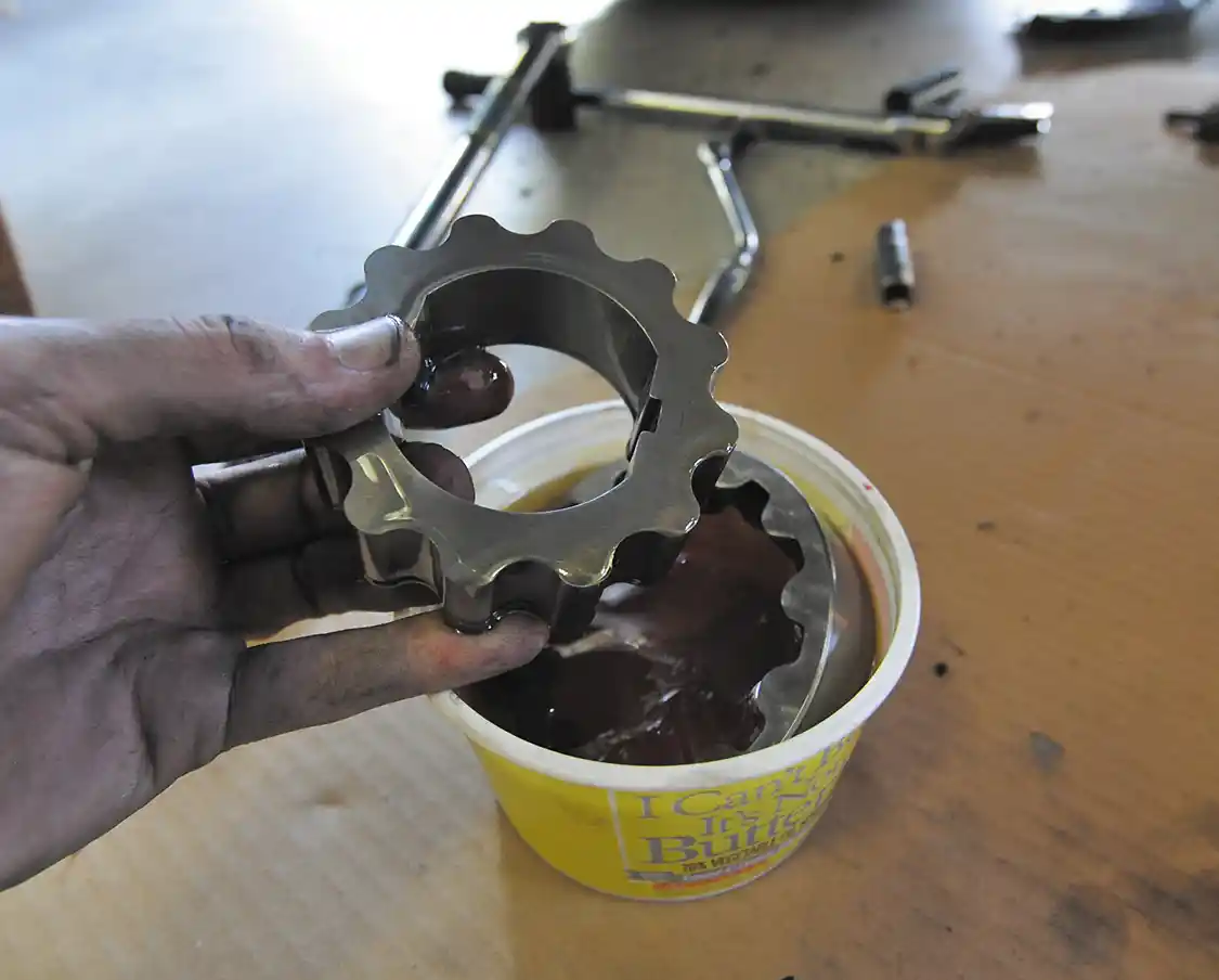 8. Pump gears and cover are installed separately. Before installing the gears, they were placed in an oil bath to make sure all surfaces were thoroughly covered in oil.