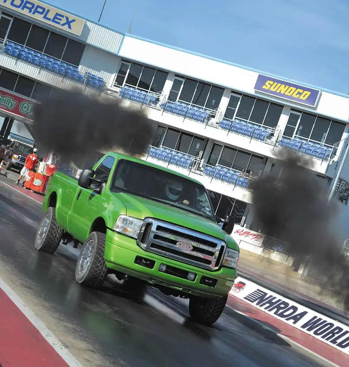 A number of Sportsman and Index Classes were available to competitors, like the 11.90 Super Diesel and 10.90 index classes. This bright green Ford made it a number of rounds in the 11.90 class, which is usually dominated by Dodges and GMs.