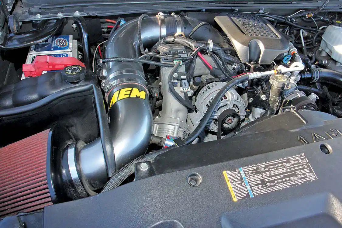 The <a href="https://www.dmaxengines.com/">Duramax</a> Diesel breathes easy with an <a href="https://www.aemintakes.com/">AEM</a> cold air intake.