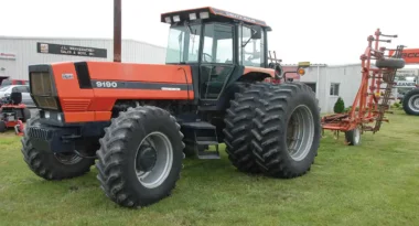 With a 119-inch wheelbase, the 9120 is a long tractor. That was a good thing from the weight balance and ride comfort standpoints, but made for a wide turning circle. This tractor weights more than nine tons before weight are added. It came standard with AWD and an 18-speed partial power shift transmission. This one has already lived a life of hard work but is not done yet. The rear dual radial tires make this a tractor that’s still up to long days in the field with big implements and tough ground. It’s seen here on AGCO Dealer J.L. Wannamacher’s lot in Ottoville, Ohio.