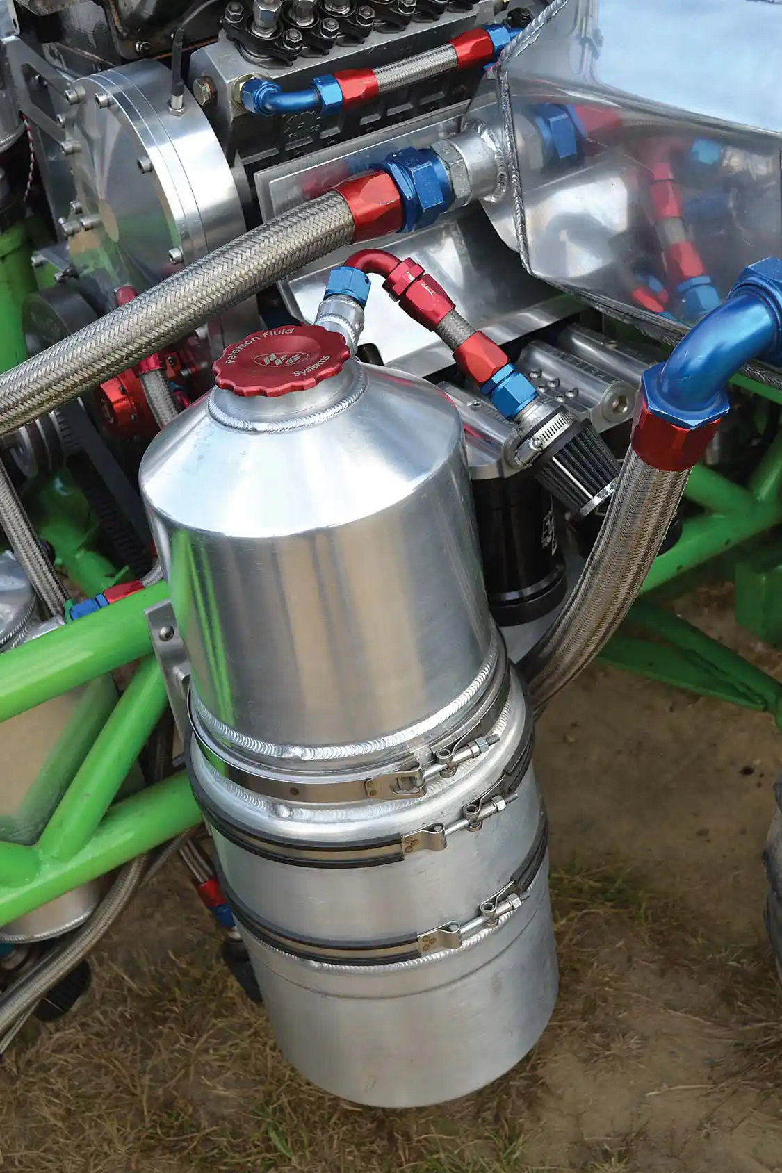 Oiling is a big factor in getting one of these engines to live reliably, and it's one place Matt certainly didn't skimp on, with a multi-stage, <a href="http://petersonfluidsys.com/pump_drysump.html#">Peterson</a> dry sump. In addition to pressure and scavenge stages, the oiling system also runs different pressures to the engine and the turbocharger system.