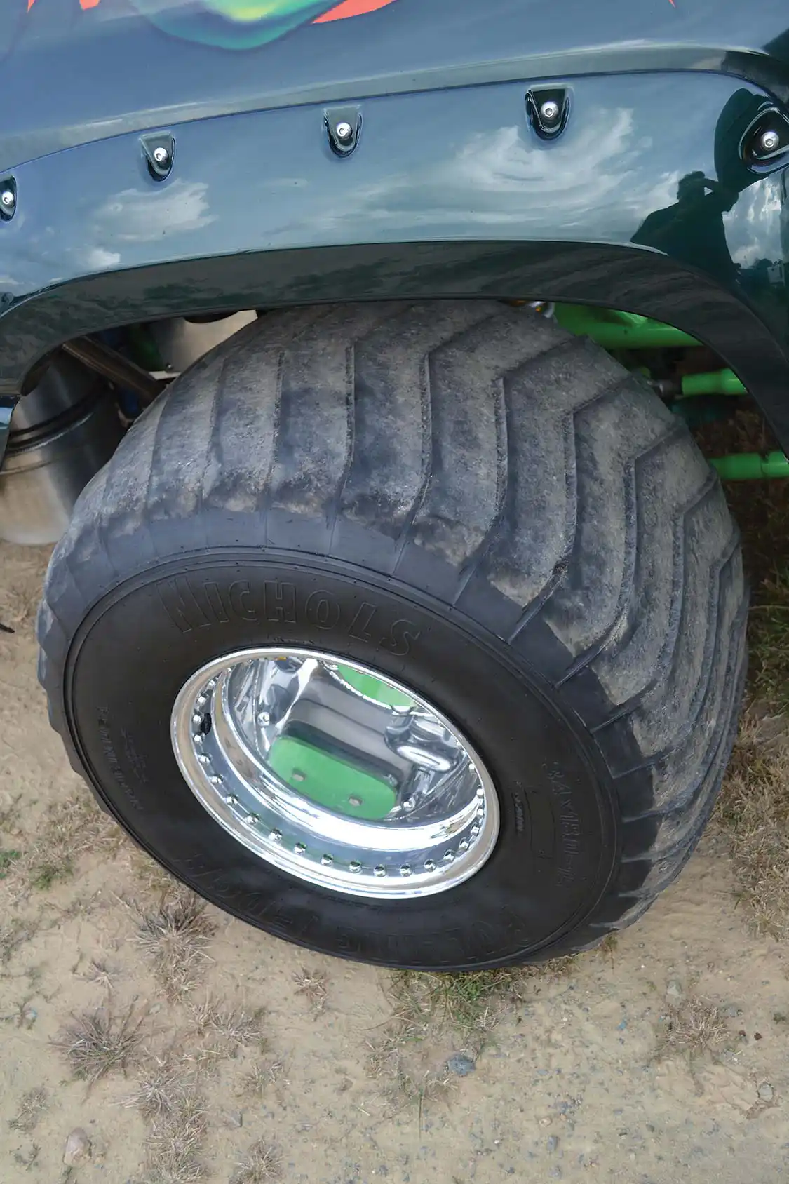 Traction is all-important in pulling applications, and in the Super Stock class, virtually any tire type is allowed. Alter Ego runs on 34x18x15 Nichols Pulling Edge tires, mounted on 15x22-inch <a href="http://www.realwheel.net/">Real Wheels</a>. The wheels are actually wider than the tires, which allows for maximum footprint and grip when going down track.