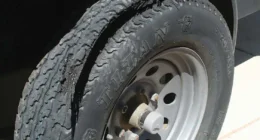 Even though this trailer tire was showing good pressure and a nice deep tread, it failed. Most likely this was due to the fact that the tire date code showed it was over 10 years old, and had deteriorated internally. This tire failure caused additional damage to the trailer fenders that wouldn’t even allow the spare to be run, without some roadside blacksmith work on the bent fender. A simple check of dated codes would have encouraged the owner to replace the aged tires on this trailer. Any tire retailer can do tire date code readings, or you can do it yourself.