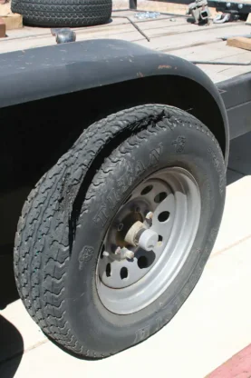 Even though this trailer tire was showing good pressure and a nice deep tread, it failed. Most likely this was due to the fact that the tire date code showed it was over 10 years old, and had deteriorated internally. This tire failure caused additional damage to the trailer fenders that wouldn’t even allow the spare to be run, without some roadside blacksmith work on the bent fender. A simple check of dated codes would have encouraged the owner to replace the aged tires on this trailer. Any tire retailer can do tire date code readings, or you can do it yourself.