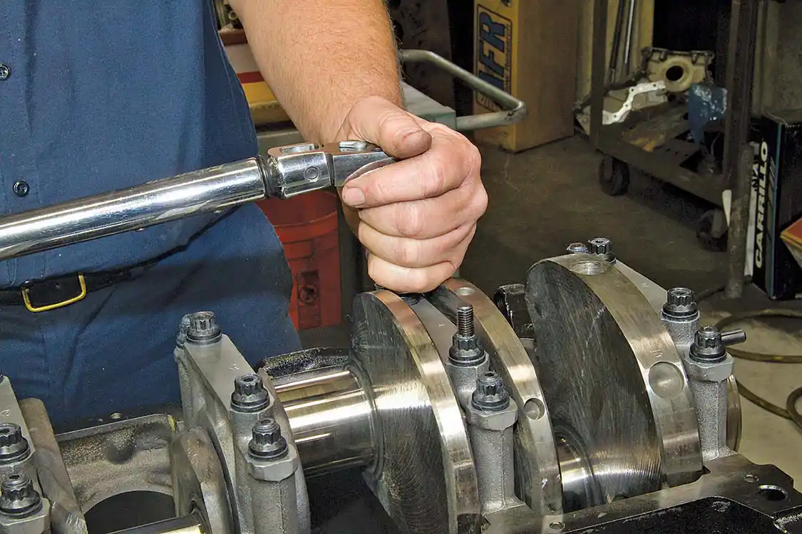 19. The main studs are torqued to spec, in the proper order and usually in several steps. ARP’s “Fastener Assembly Lubricant” reduces friction and helps ensure proper bolt torque values.