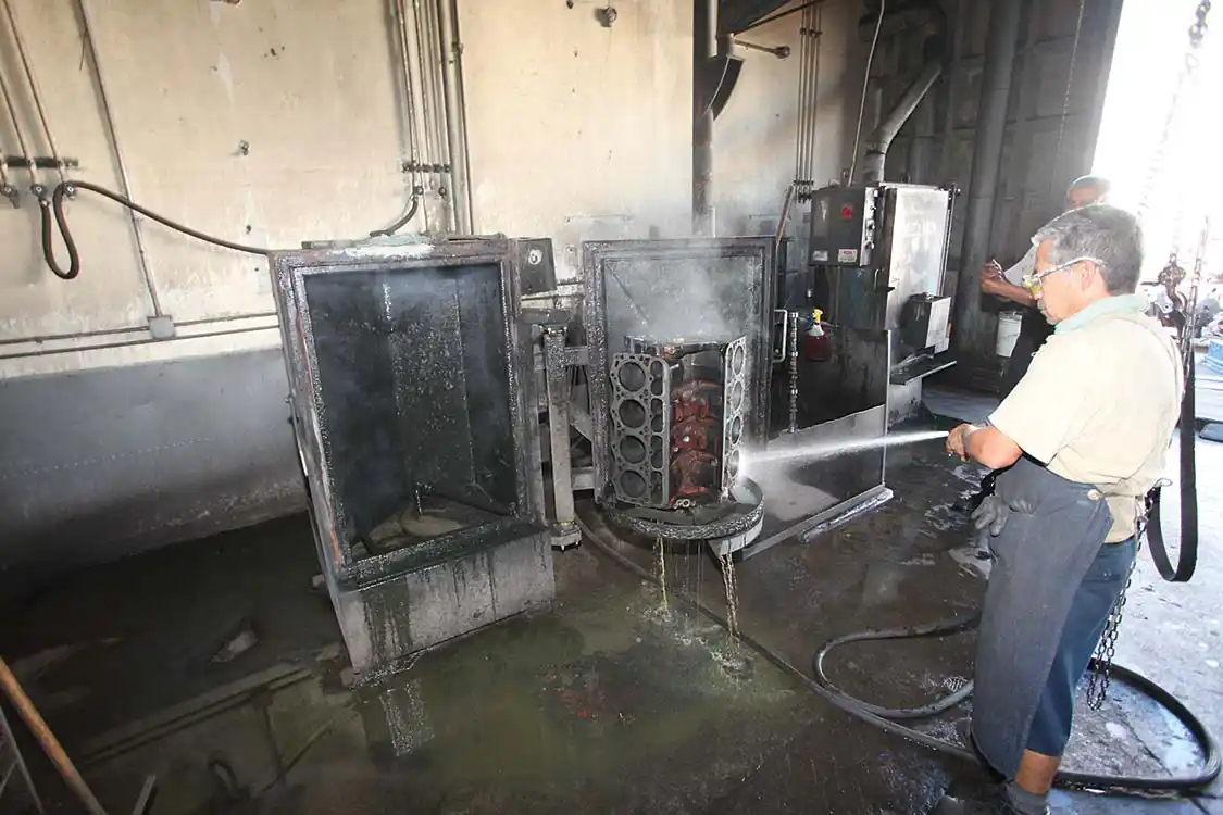1. Our 7.3L Ford (International) V-8 diesel was sent to <a href="http://lnrengine.com/about_us.html">L&amp;R Machine</a> where it was completely stripped and cleaned. Here you see the block coming out of the hot tank.