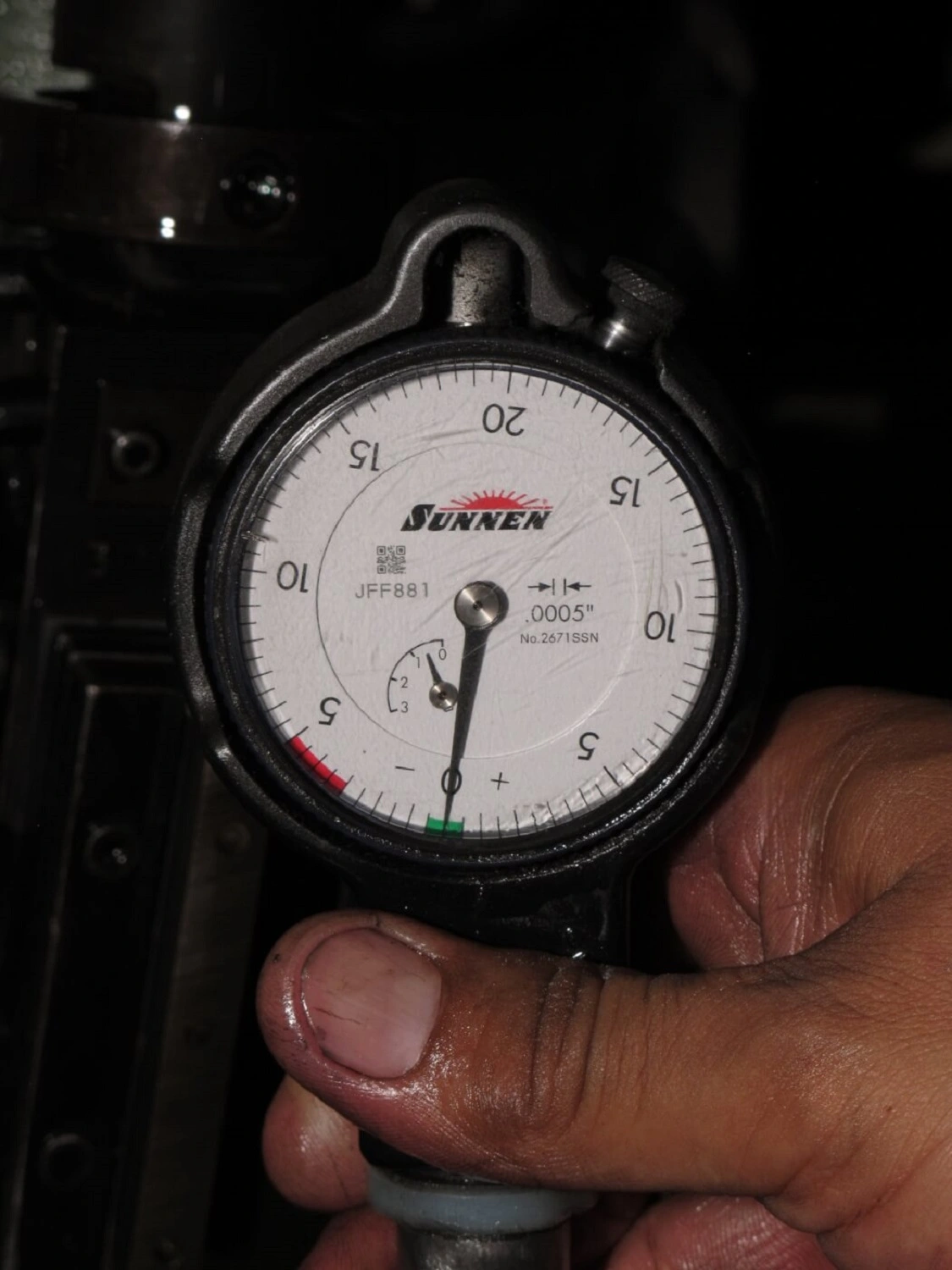 5. This <a href="https://www.sunnen.com/">Sunnen</a> bore diameter indicator is used to check the cylinder bore diameter and taper. It reads in at .0005, half a thousandth less than the diameter of a human hair.