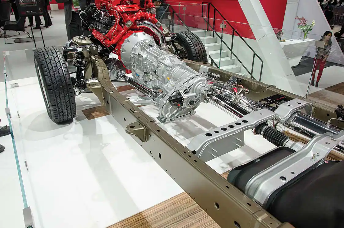 While we love the isolated engine photos, this is more like it with all the turbo plumbing out in plain sight. Your DPF and SCR reactor won’t be chromed, but it will be on the passenger side and mostly made by Cummins. An <a href="https://www.aisin.com/">Aisin</a> six-speed transmission is standard.