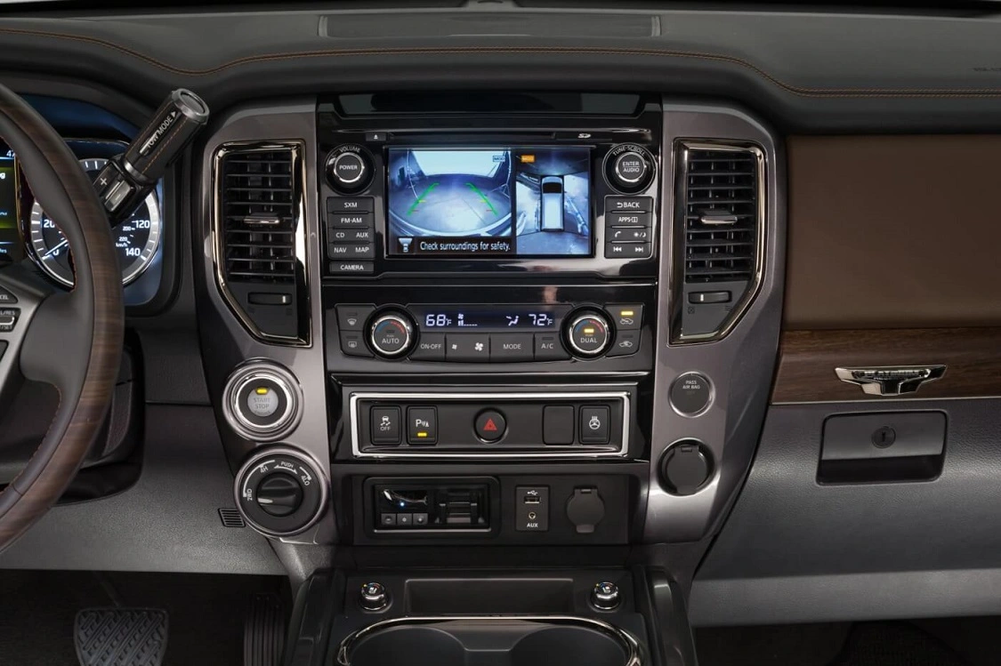 Here’s the cool infotainment electronics, a navigation screen that shows both backup camera and a surrounding view. Note the simplicity and good design principles of the control layout. Your fingers will easily find things in short order without a view away from the road.