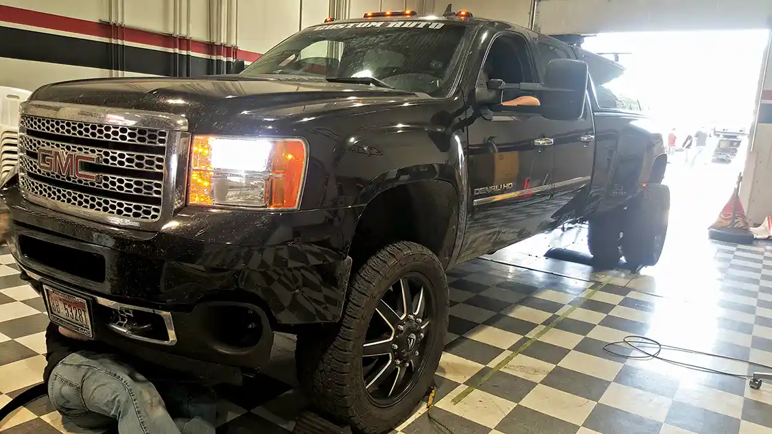 Brandon Pierce of the Northwest Dyno Circuit uses this black LML Duramax to tow the portable Superflow chassis dyno around the western states to different events, but took the opportunity to prove he can hold his own in a stock turbo class at 450 hp.