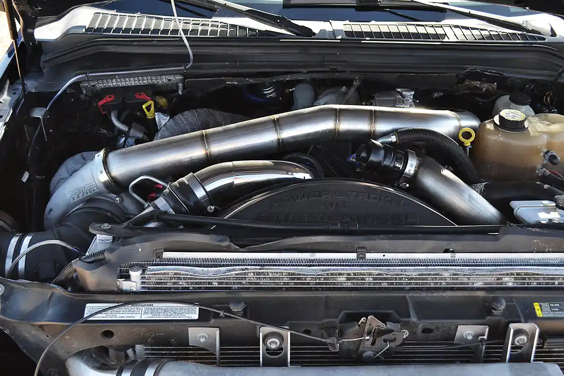 The 6.4L Power Stroke in Erik's Ford leaves little to be desired in terms of power. A fully built bottom end from <a href="https://www.midwestdieseltrucks.com/">MidWest Diesel</a> and Auto along with ported heads and a stage 2 Colt cam round out the long block, large compound turbos and a fuel system with Elite Diesel and <a href="https://www.rcdperformance.com/">River City Diesel</a> parts give the engine its 950 to 1,000-hp rating.