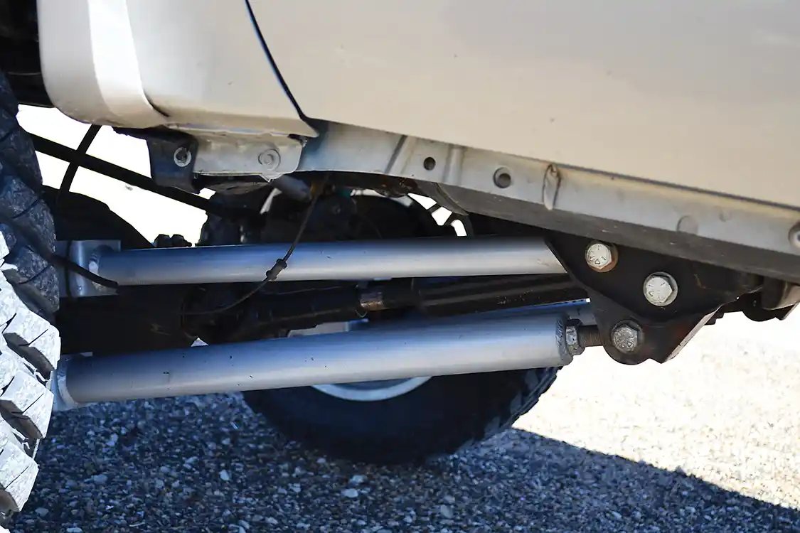 The front suspension is just as wild as the rear and is part of the Pure Performance desert race kit. The front link arms needed to be replaced to keep the geometry correct.