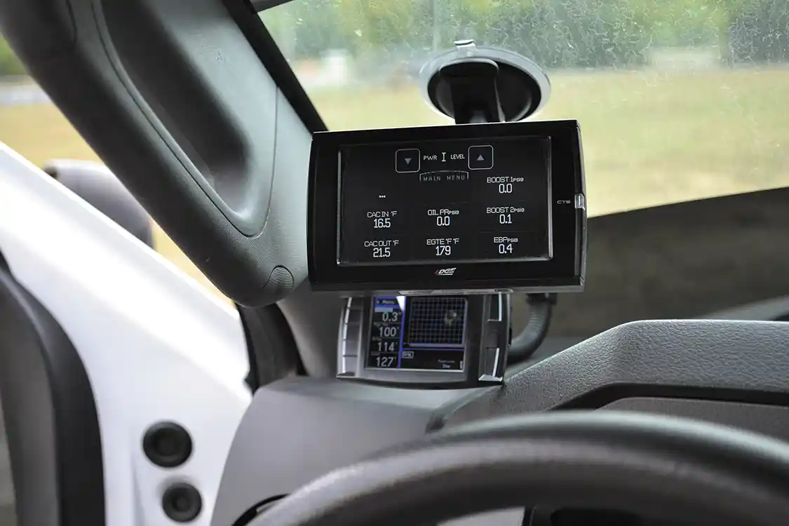 Since the 6.7L platform was a test bed for Morgan's company, he needed as much information as possible when tuning the truck. An H&amp;S Mini Maxx with MCC tuning by Morgan and an <a href="https://edgeproducts.com/">Edge</a> CTS monitor provides all the information he needs.