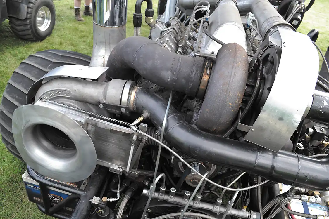 A huge set of compound turbos provides the airflow needed to make 2,200 hp. The "smaller" of the two turbos is a 4.3-inch (109mm) turbo, while the larger turbo is a 5-inch (127mm) turbo. Total boost is 120 psi, while drive pressure comes in at 140 psi.
