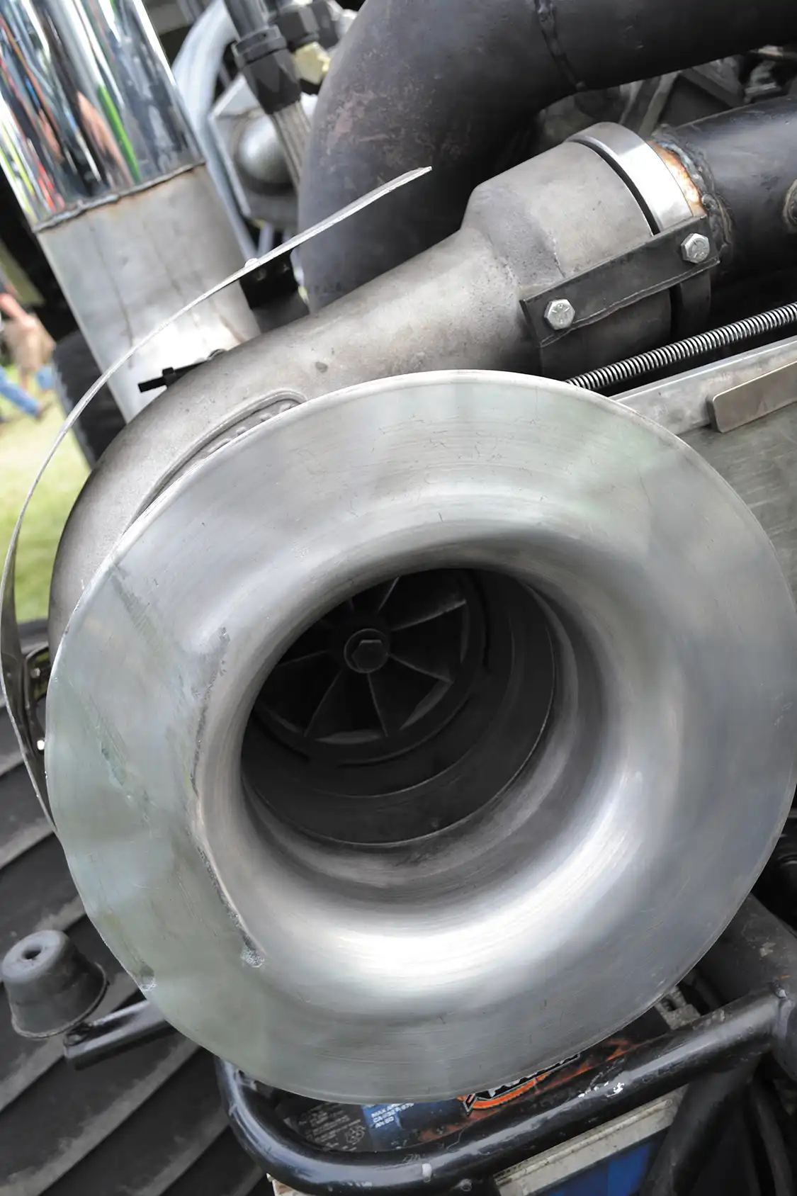 The larger of the two turbos dictates how much power the engine can make, so Kyle spent some coin on a <a href="http://www.columbusdieselsupply.com/">Columbus Diesel Supply</a> ball-bearing turbocharger that’s often used in tractor pulling applications. The huge turbo is capable of supporting more than 3,000 hp worth of airflow.