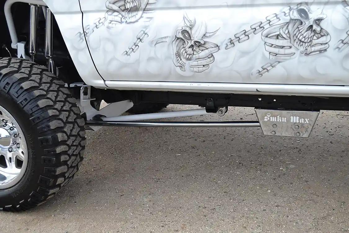 Many pullers have traction bars for the rear of the truck, but John added some up front as well to stiffen the front end and help fight hopping. The chrome throughout the truck (especially noticeable in the suspension) was performed by <a href="https://www.showoffmotorsports.com/">Show Off Motorsports</a> in Modesto, California.