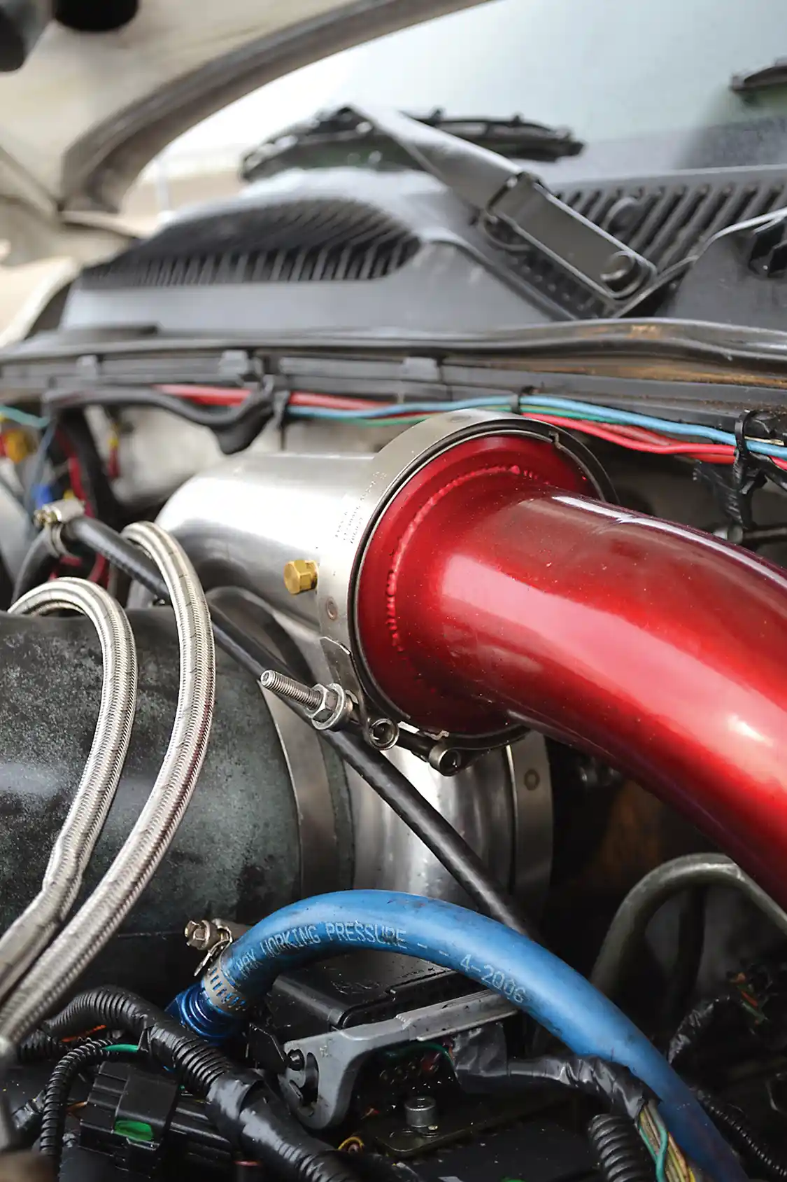 With 72 psi of boost at full song, v-band style clamps are used wherever possible to minimize the chances of a blown or torn compressor discharge boot.