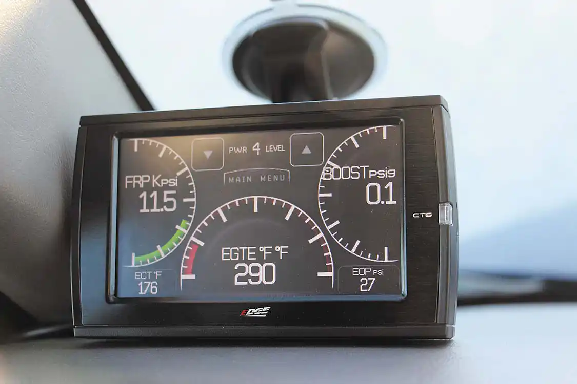 All ECM and TCM tuning was handled by the <a href="https://www.efilive.com/">EFI Live</a> experts at <a href="https://duramaxtuner.com/">DuramaxTuner.com</a>. And being that LB7 and LLY trucks can utilize the popular <a href="https://edgeproducts.com/">Edge</a> Insight CTS monitor to change tunes on the fly, no DSP5 switch was required. In our ride along, the truck planted our heads firmly against the headrests from 0-120 mph and we saw 73 psi of boost. Not bad for having an even hotter tune left in the truck’s arsenal…