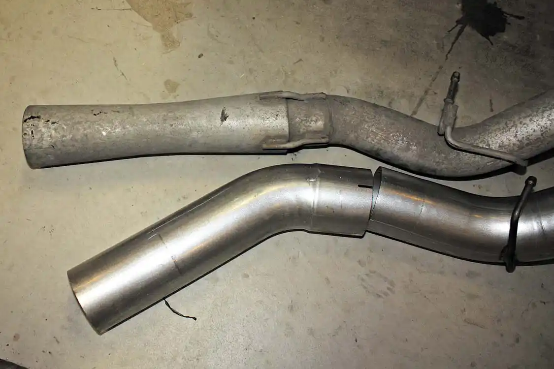 14. With more airflow in the engine and additional fueling from the Edge Juice with Attitude CTS2, the exhaust was the last step. While the catalytic converter and diesel particulate filter were left intact to keep the emissions man happy, a DPF Back 5-inch Atlas system will replace the stock trumpet-horn tailpipe with a much nicer black powder coated 6-inch tip.
