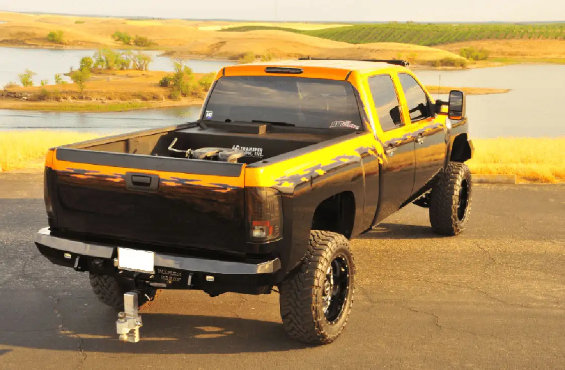 West uses the truck as a towing rig, hence the 20K sliding hitch and <a href="https://www.transferflow.com/">Transfer Flow</a> auxiliary fuel tank in the bed.