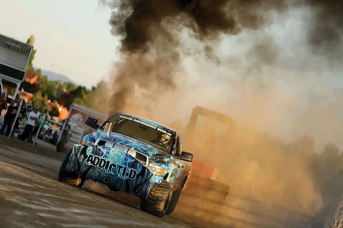 Jason Stott from Rock Springs, Wyoming, had his Pro-Mod Diesel entry out on the track and put on quite the show. The “Addicted Diesel” runs a 12V Cummins outfitted with a big Sigma fuel pump and triple turbos that produce more than 150 psi of boost.