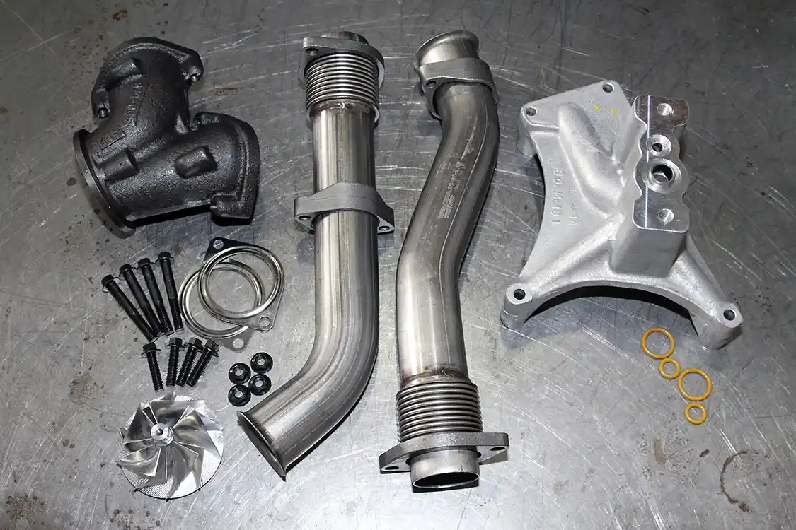 1. Parts inventory: The Dieselsite Wicked Wheel2 billet compressor wheel will improve the factory turbo’s responsiveness and boost, while the up-pipes will fix the factory exhaust leaks and the non-EBV pedestal will make it possible to remove the obstruction from the turbine outlet.