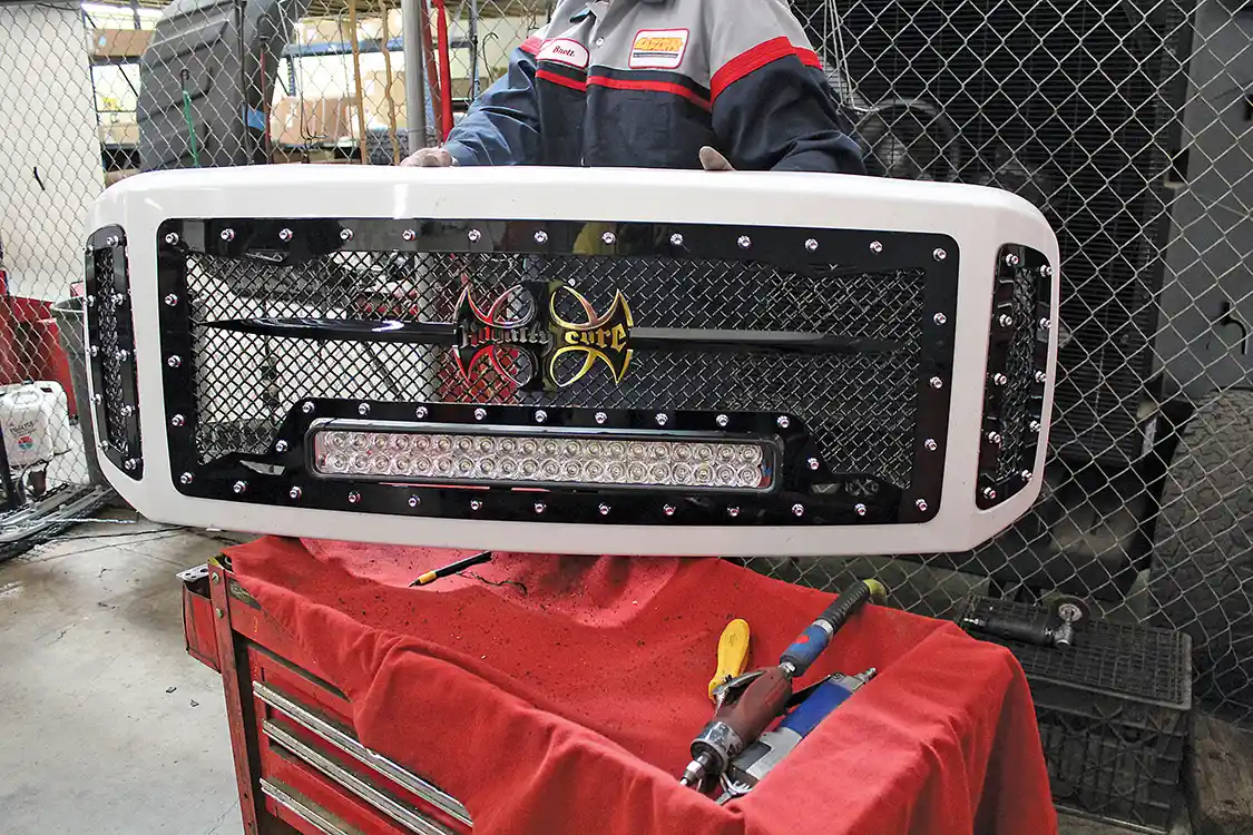15. It took some work, but the finished insert is worth the effort. Not only does it look mean, but there’s a 22-in. LED light bar built right into the grille!