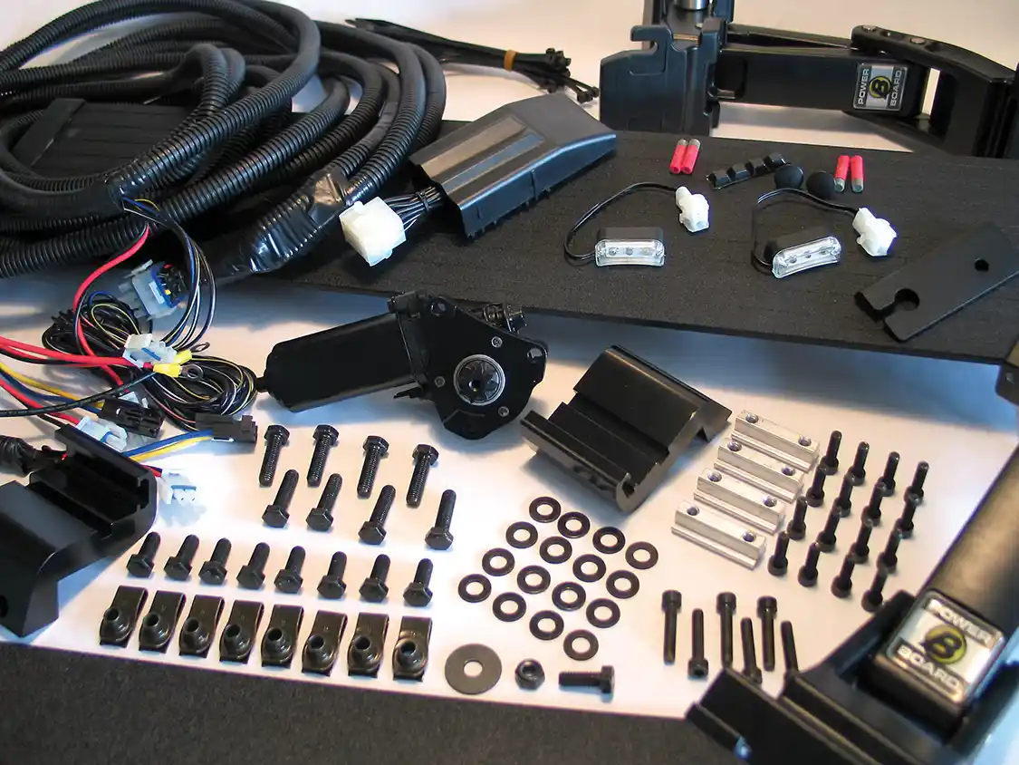 The kits come with everything needed for installation. Optional equipment shown here includes the dropdown extensions for very tall trucks. We don't need them here, as our installation truck has only a 6-inch lift.