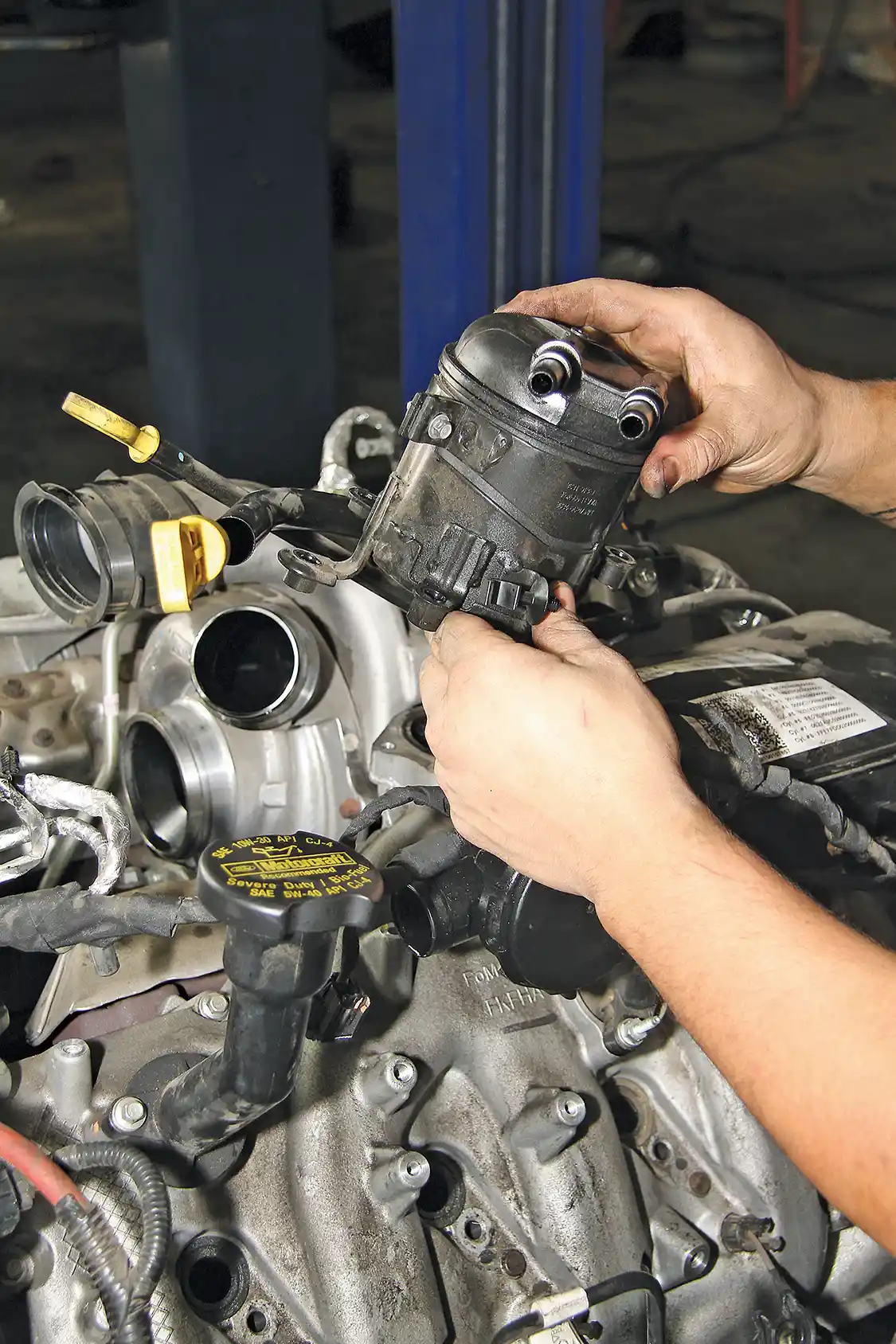 9. The fuel filters must be replaced along with their filter housings. The small cost of a new housing pales in comparison to having to replace the entire fuel system a second time. Don’t forget the water separator.