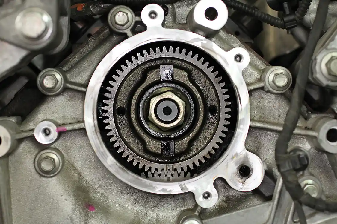 13B. The high-pressure fuel pump is timed with the cam. It’s essential that this pump be installed properly or truck won’t run. The two marks on the cam and drive gear must be in the proper position before installing your new pump.