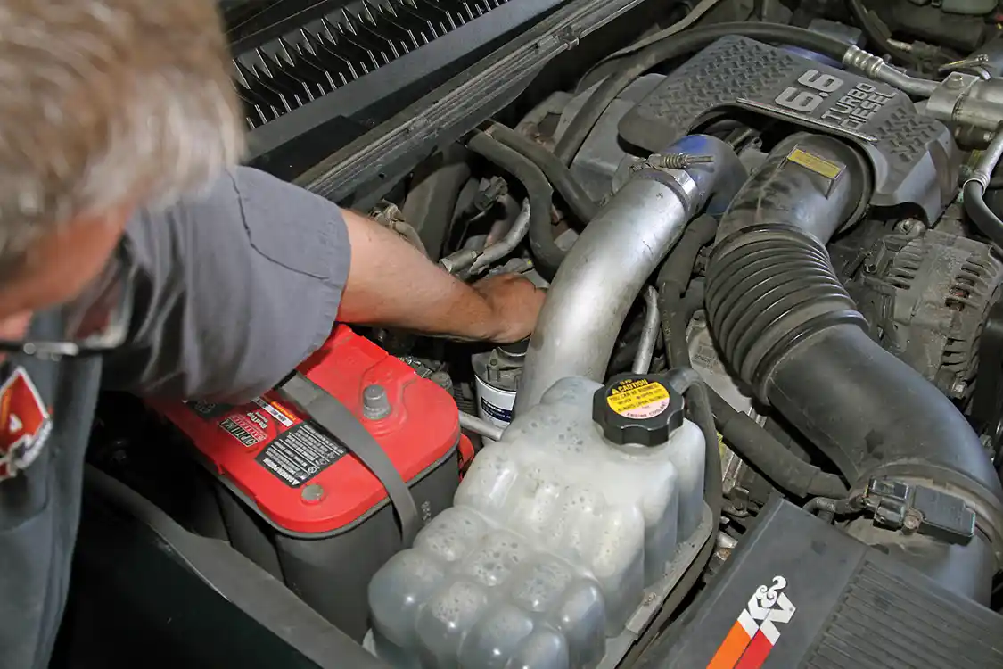28. To complete the installation the fuel system needs to be primed again by pumping the plunger on top of the filter head then purging the air from the system through the bleeder screw. This process may need to be repeated a few times to get all of the air out of the system. After starting the truck, check for leaks before driving.
