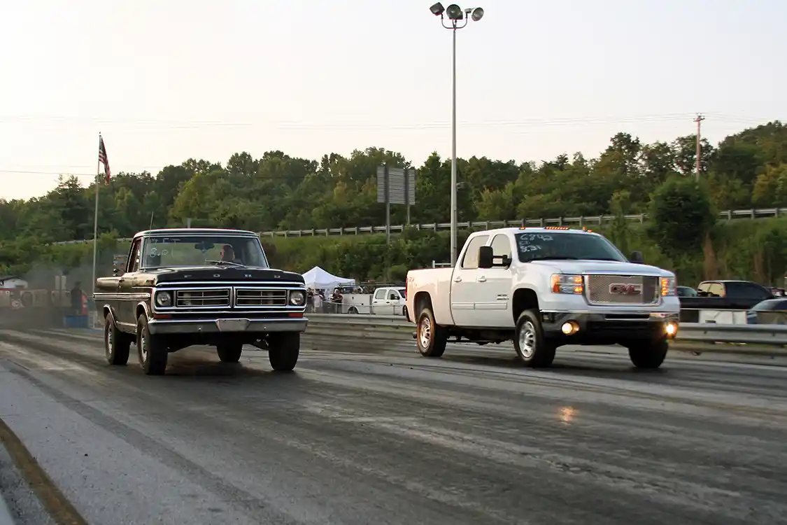 The ET Bracket final round was a Ford vs. GMC affair (at least in body designation; we think he may have a Duramax chassis and drivetrain under the Ford body) with Eugene Ogle and his 1970s Ford Ranger taking the win.
