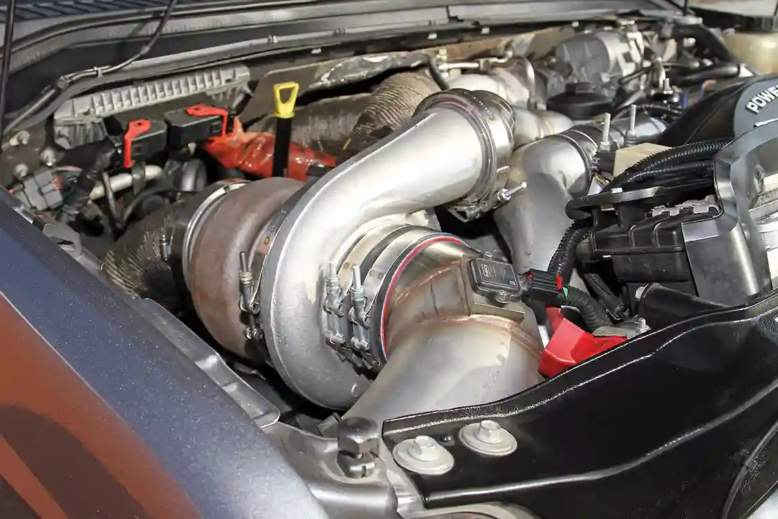 The S480 BorgWarner turbo takes up most of the space available on the passenger side of the engine.